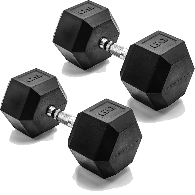 CAP Barbell 60 LB Rubber Coated Hex Dumbbell Hand Weight - Pair | Chrome Handle