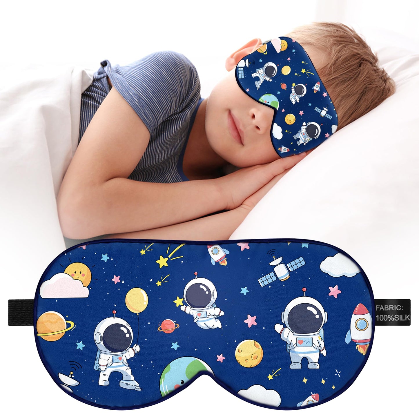 Kids Sleep Mask Eye Cover: 100% Real Natural Pure Silk Eye Mask with Adjustable Strap, Funny Blindfold Kids Eye Mask for Sleeping, Soft & Lightweight Eye Shade for Boys Girls Teens (Space Style)