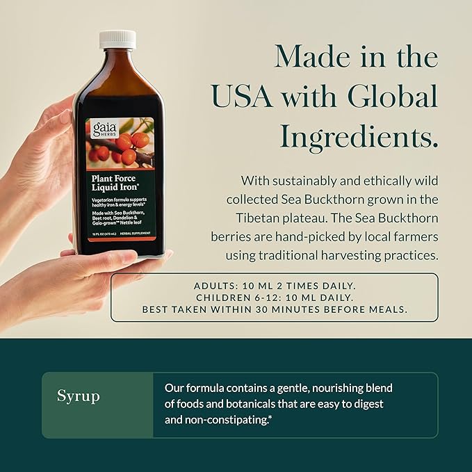 Gaia Herbs Plant Force Liquid Iron - Vegetarian Iron Supplement to Help Maintain Healthy Iron & Energy Levels - with Star Anise, Sea Buckthorn, Beet Root, Dandelion & Nettle - 16 Fl Oz (47 Servings)