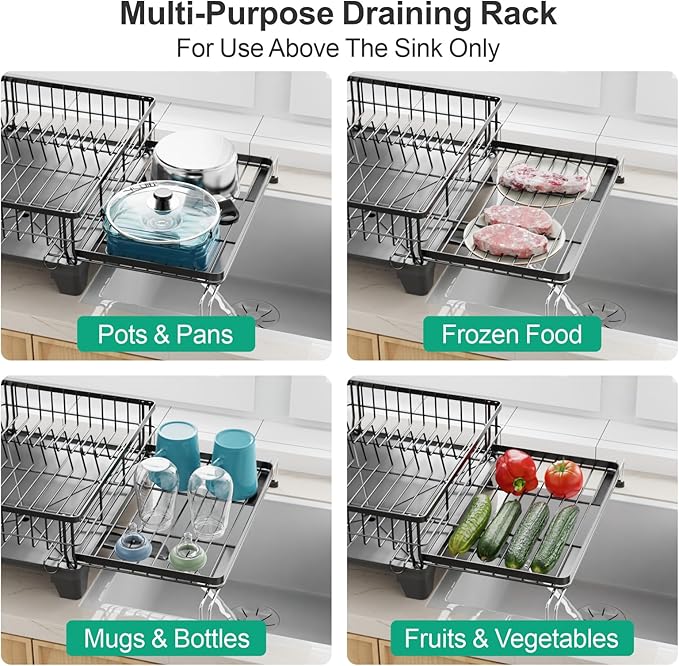 GSlife Extendable Dish Drying Rack - Large 2-in-1 Dish Racks for Kitchen Counter or Over Sink, Anti-Rust Dish Drainer with Pan Slots and Utensil Holder, 13.4"-22.4" L x 16.7" W, Black