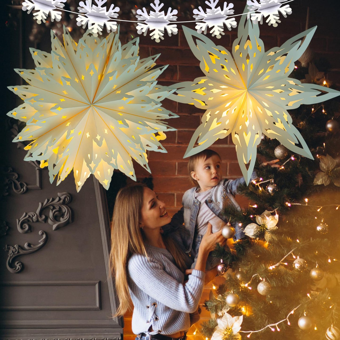 Christmas Snowflake Paper Lanterns  2 Pcs Christmas Paper Star Lanterns With Led Lights Large White Hanging Decorations For Xmas Tree New Year Winter Frozen Weddings Birthday Holiday Party Decor