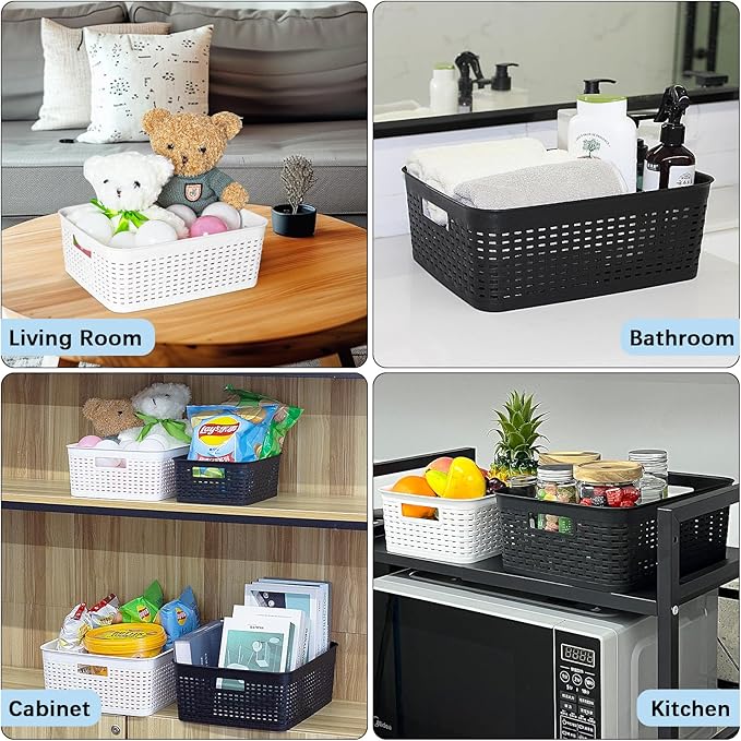 Soddeph Plastic Storage Baskets for Cabinets, Household Pantry Organization with Handle,Organizer Bins for Room,Bathrooms,Under-Sink,Kitchen (Black, M-3PACK)