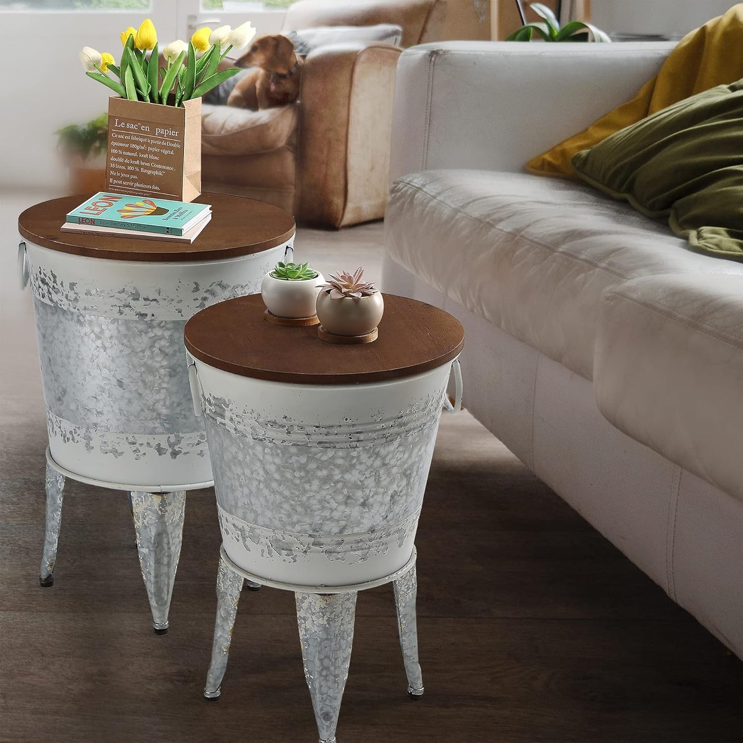 Rustic Storage Farmhouse Accent Side Table, Antique Galvanized Metal End Coffee Cocktail Table Box Bin with Round Wooden Lid Set of 2 (Distressed White)