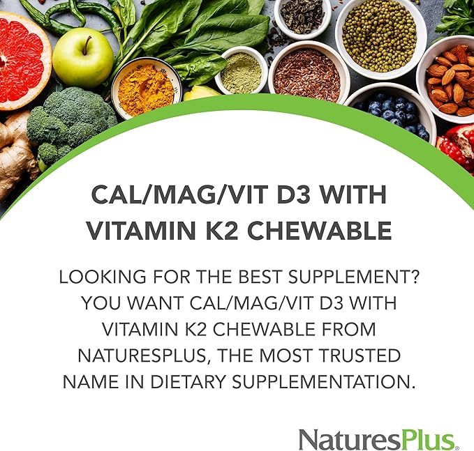 Natures Plus Chewable Cal/Mag/VIT D3 with Vitamin K2-60 Chewable Tablets - Vanilla Flavor - Bone Health Supplement with Calcium, Magnesium, Vitamin D3 and K2 - Gluten-Free - 30 Servings
