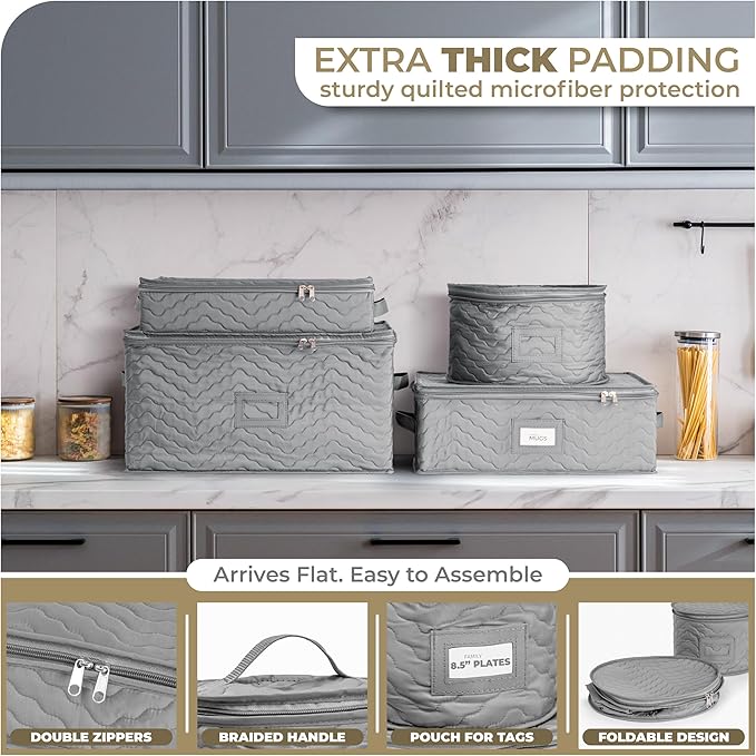 Sorbus China Storage Containers - 5 Pc Quilted Set for Moving & Transporting Dinnerware, Dishes, Round Plates, Glassware, Cups & Mugs with Felt Plate Protectors - Fine China Glass, Plate Storage Cases