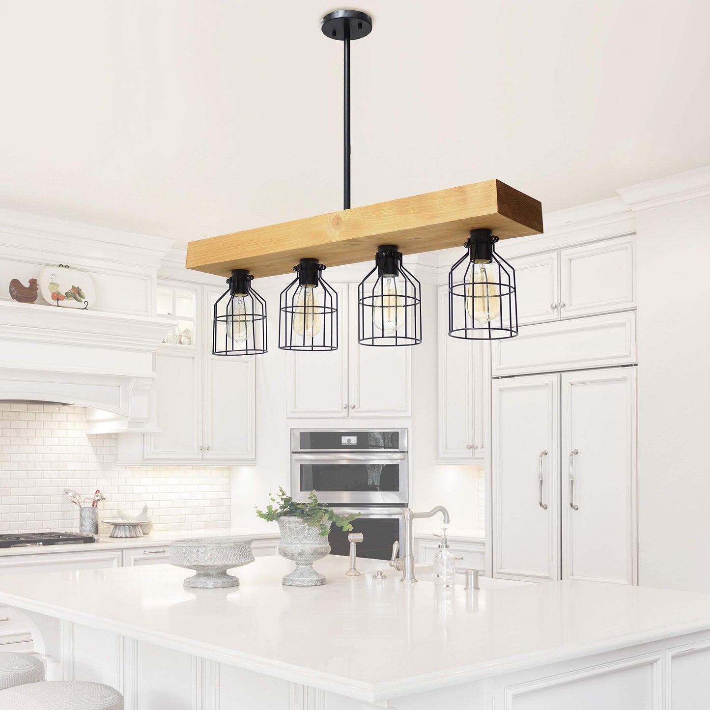 Elegant Designs CH1001-LWD 4 Light Rustic Farmhouse Pendant Light Chandelier, Wood, Light Wood