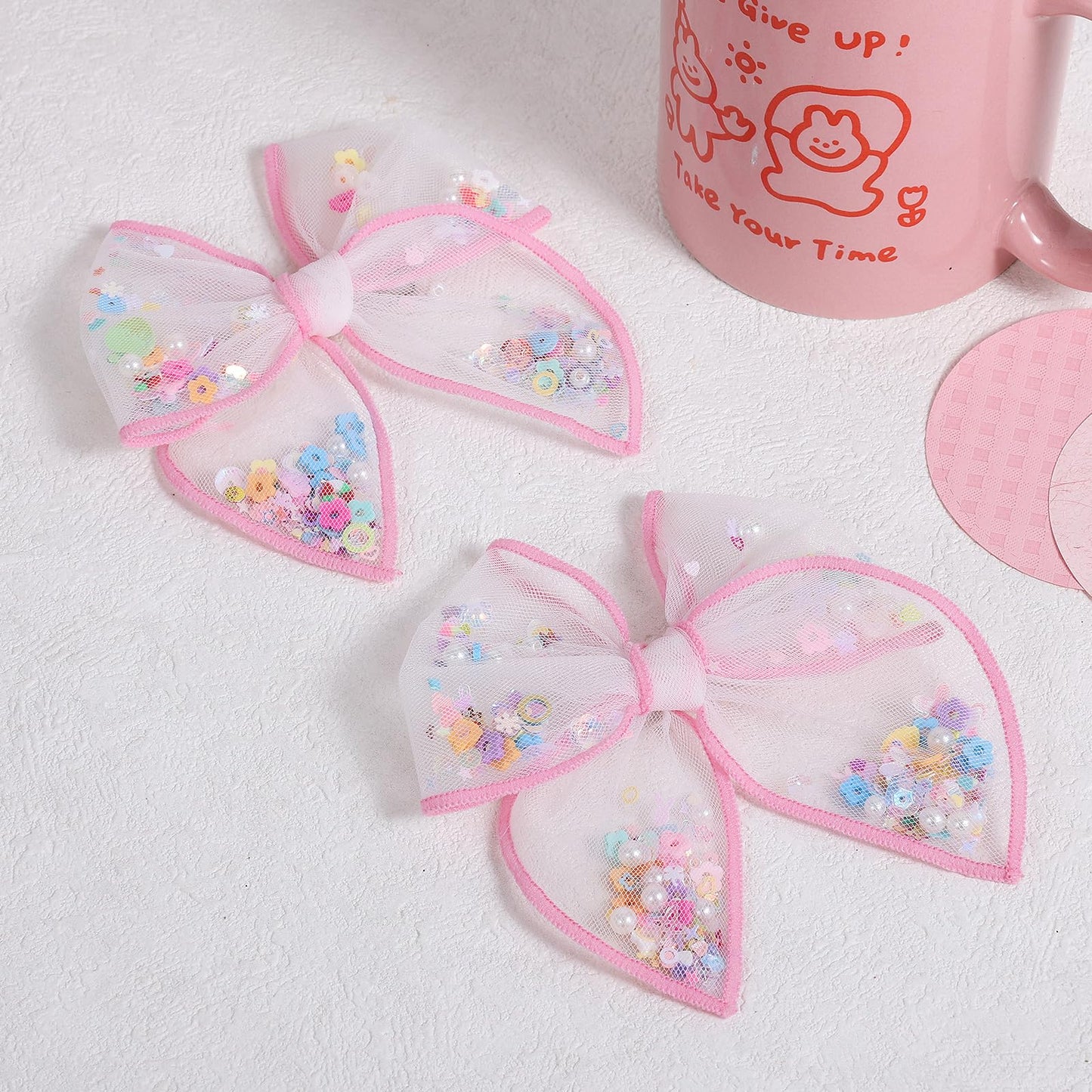 4  Pink Floral Mesh Ribbon Hair Bow Clips for Girls, 2pc Flower Shaker Fable Bow Alligator Hairpins, Spring Summer Birthday Part
