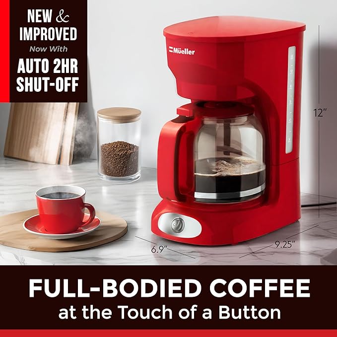 MUELLER HOME 12-Cup Red Coffee Maker - Perfect for Home or Office, Borosilicate Carafe, Auto-Off, Reusable Filter, Anti-Drip, Keep-Warm Function, Clear Water Level Window, Red Kitchen Accessories