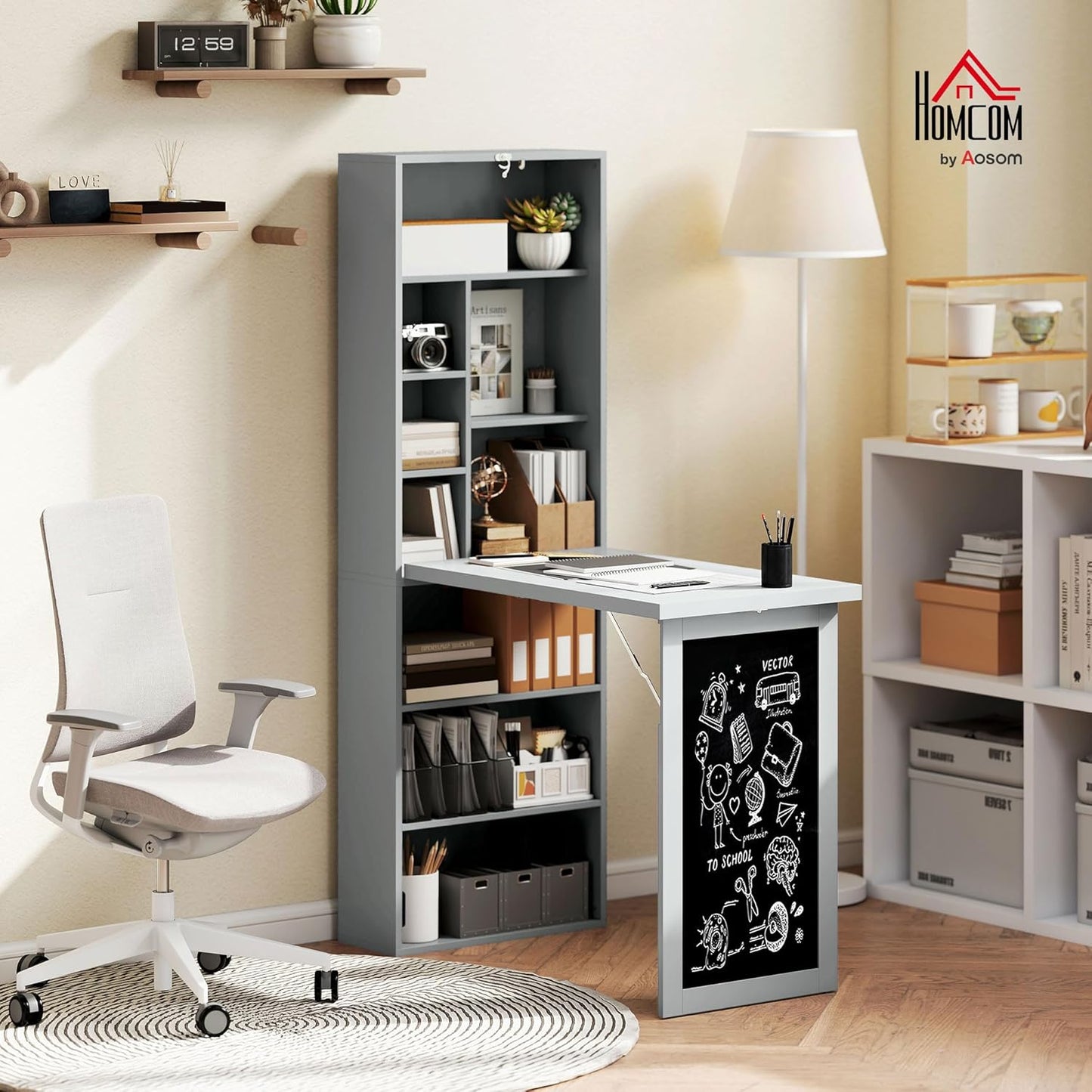 HOMCOM Fold-Out Convertible Writing Table, Wall Mount Desk Cabinet with Blackboard and Side Shelf Multi-Function Home Office Workstation, Charcoal Gray