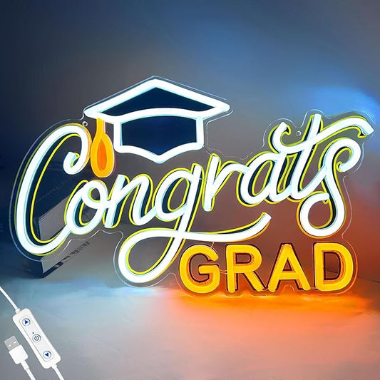 SELICOR Congrats Graduation Neon Sign with Cap - 15" x 8", Adjustable LED Light Up Sign for Prom Party, Photos, Class of 2...