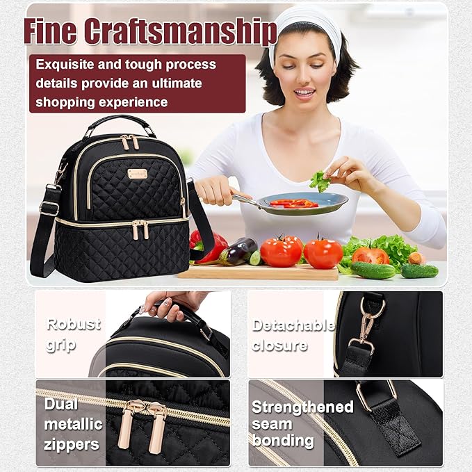 Lunch Bag for Women,Double Decker Lunch Box for Womens, Insulated Lunchbag Leakproof Lunch Tote Lunch Cooler Bag for Women Men,Lunchbox with Adjustable Strap for Work Picnic Beach