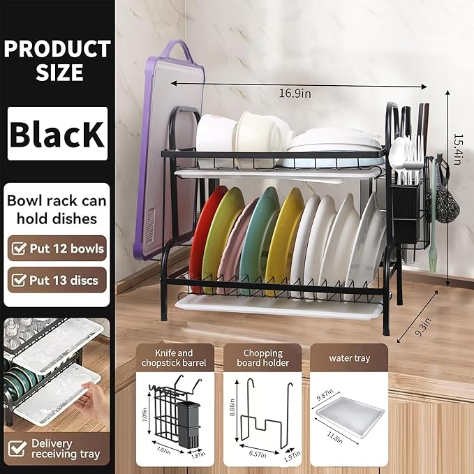 2 Tier Dish Drying Racks with Drain Tray,Stainless Steel Dish Racks for Kitchen Counter,Kitchen Sink Organizer for Dishes,Utensils& Fork Knives,Cutting Boards Storage