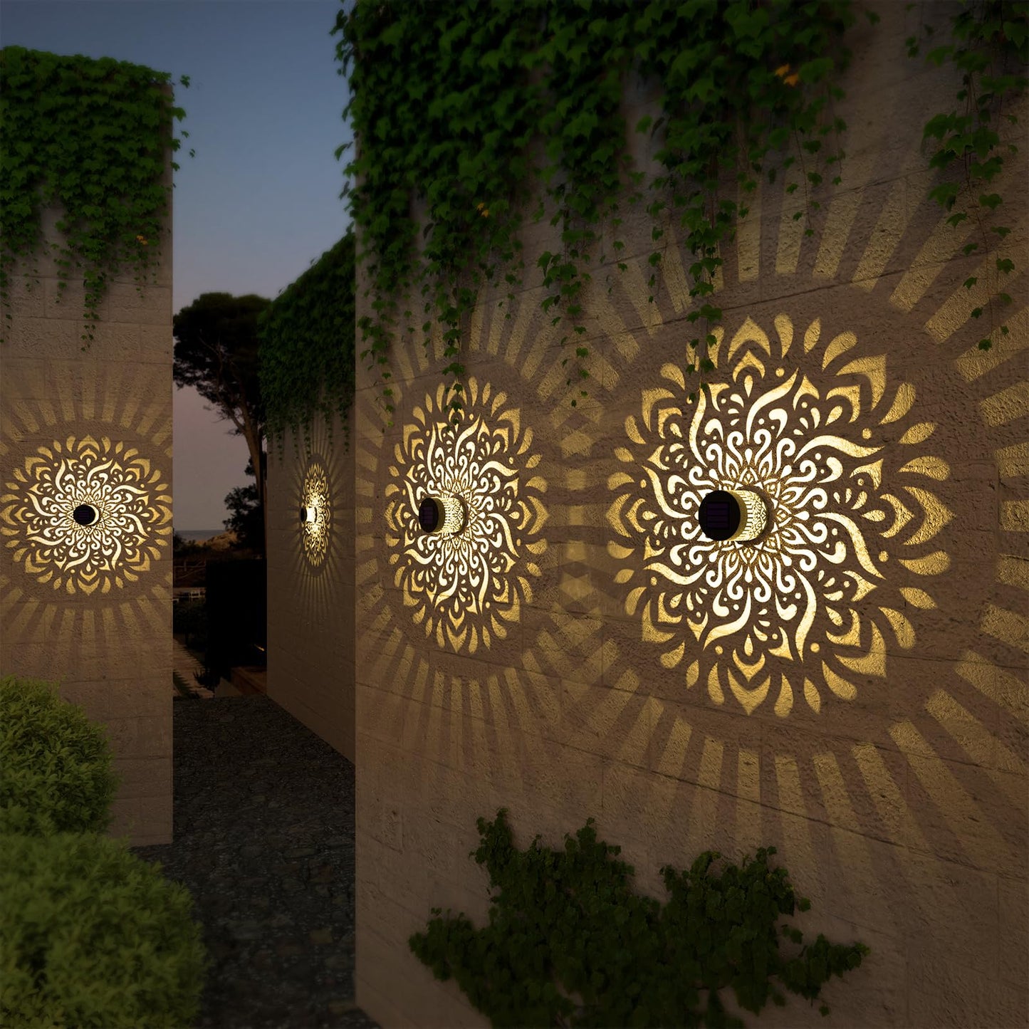 gardencave Solar Fence Lights - Metal, Waterproof, Mandala Theme, 2 Pack - Outdoor Deck Step Wall Lights for Garden Post Decor