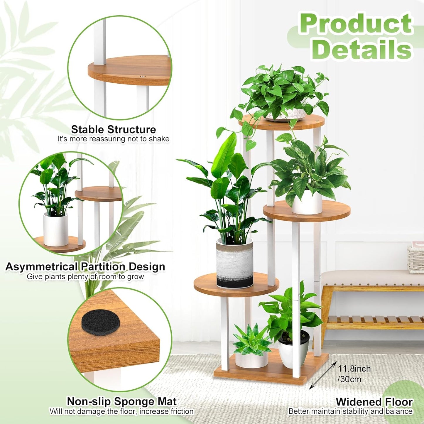 4 Tier Wood Tall Plant Stand Metal Rack Indoor, Multiple Flower Pot Holder Shelves Corner Rack, Round Planter Shelf Display Rack Storage Organizer for Patio Living Room Balcony(White)