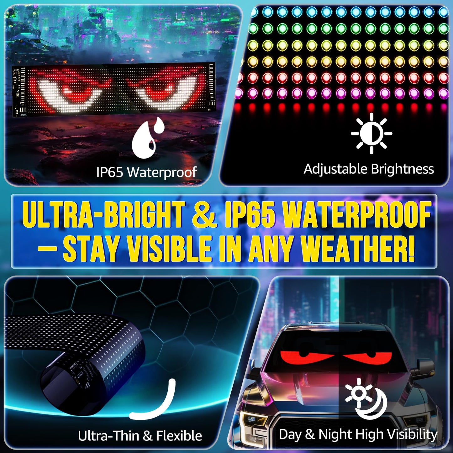Devil Eyes Light 2PC for Windshield-23.42x4.72IN HCYHNB Programmable LED Eyes [Advanced Chip, 100% Synced Dual Screen] 5V USB Powered, App/Remote Control, Windshield Eyes Animated for Cars/Trucks/SUVs