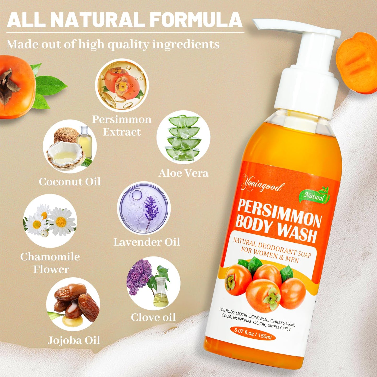 yoniagood 2 PCS Persimmon Body Wash for Strong Odor Control, Natural Persimmon Soap Bar Old People Smell Remover, Smelly Feet De