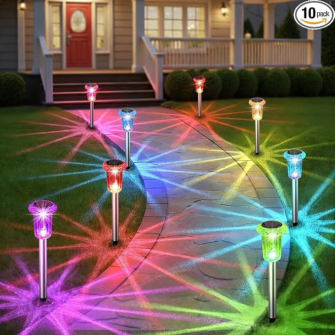 Eyrosa Solar Outdoor Lights, 10 Pack Solar Pathway Lights Outdoor Waterproof, Stainless Steel Stake Lighting for Garden Ya...