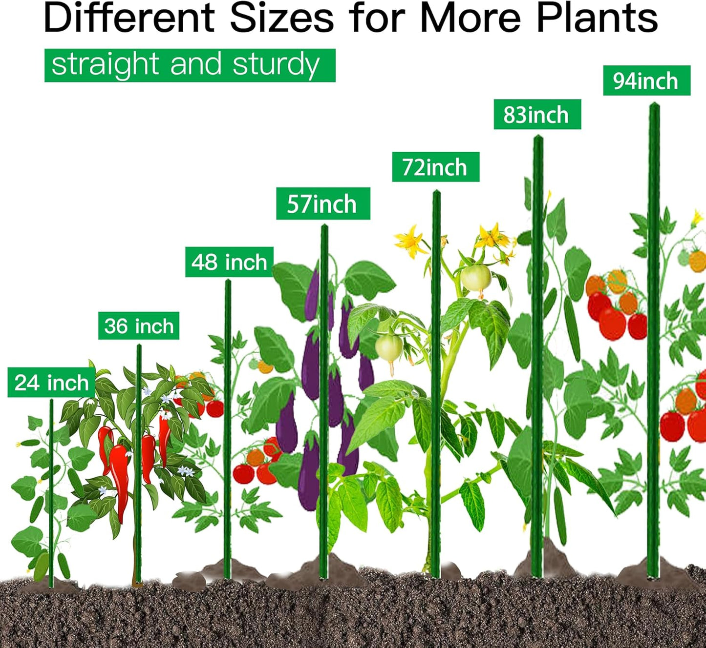 Garden Stakes 57 Inch, Approx 5ft Steel Plant Stakes 25 Pack for Gardening and Farm, 57" Plastic Coated Plant Support for Tomato, Cucumber, Bean, Flower, Potted More Climbing Plants