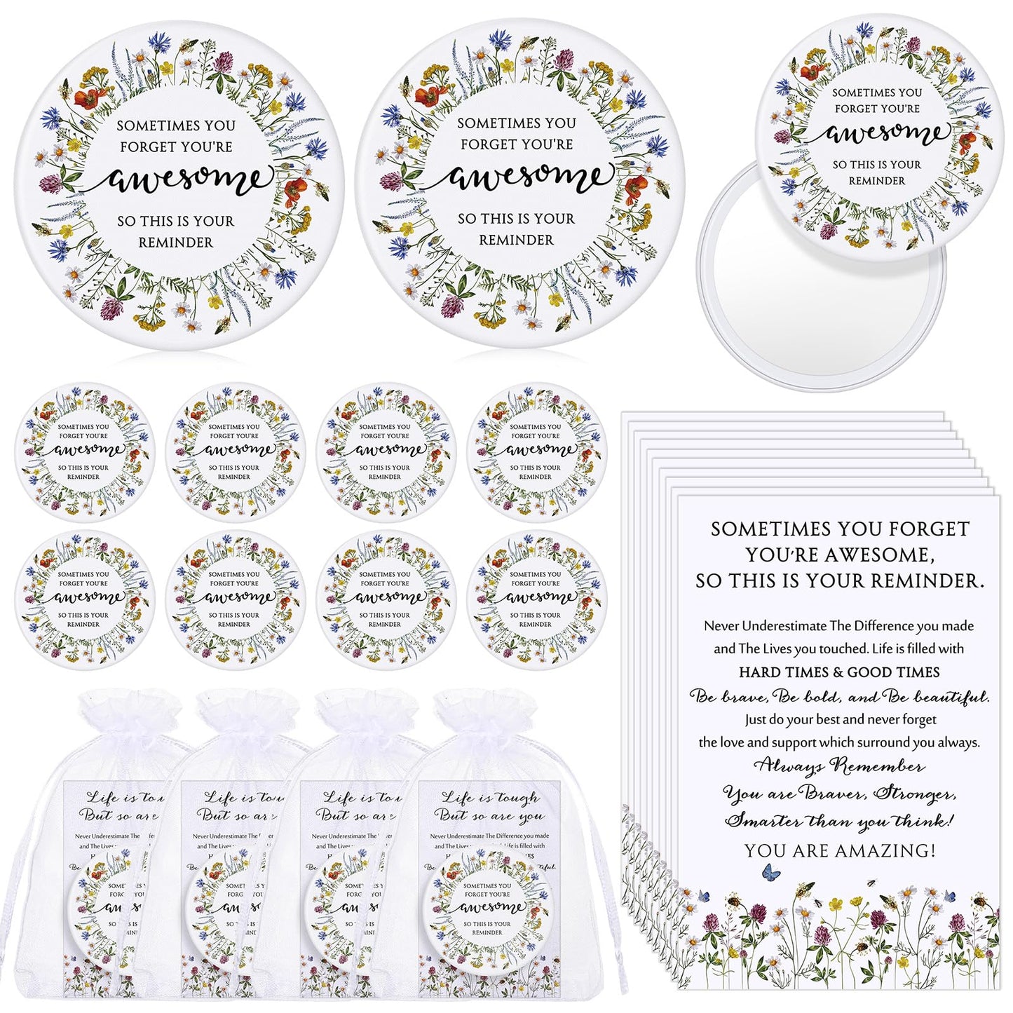 Cinnvoice 50 Set Inspirational Compact Mirror Bulk Appreciation Gifts for Women Mini Makeup Pocket Purse Mirror with Thank You C