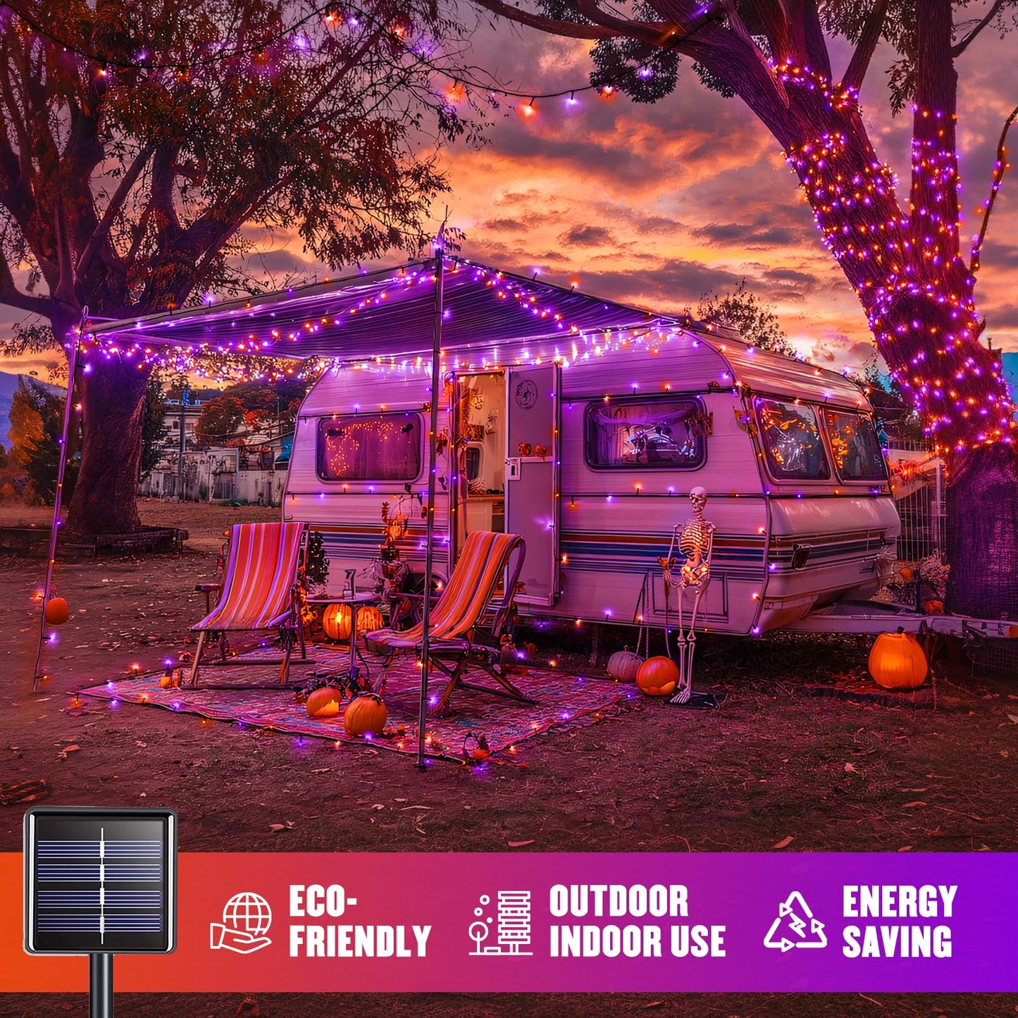 JMEXSUSS Solar Halloween Lights, 2 Pack 100 LED, Waterproof Orange & Purple, Model JM-S-100