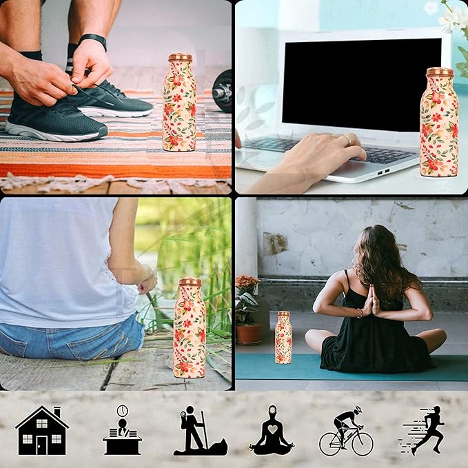 Pure Copper Water Bottle - Handcrafted - Ayurveda health benefits - Large 17.50 oz - Leak proof - Easy to carry for Sports, Fitness, Yoga, School - White Base Floral Vintage Colors Enamel