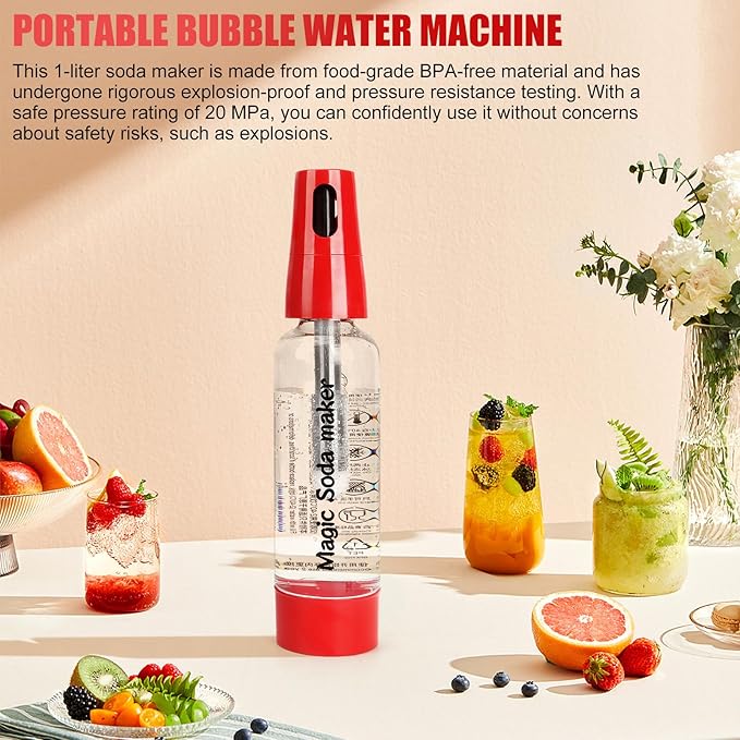 Sparkling Water Maker, Portable Soda Maker with 1L PET Carbonating Bottles, Soda Water Maker for Flavored Drinks, Soda Machine (Red)