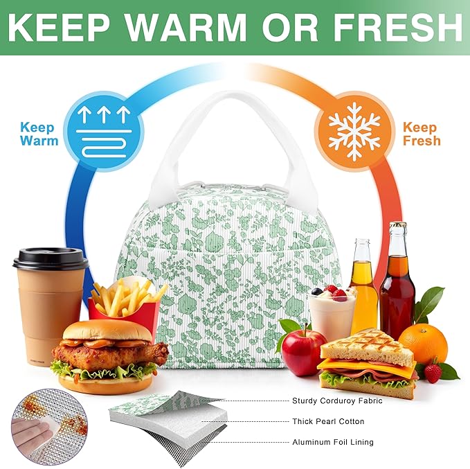 Lunch Bag - Insulated Lunch Box for Women, Reusable Large Capacity Cooler Bag for Adult, Small Leakproof Cute Corduroy Lunch Tote for Work Office Travel Picnic (Corduroy Green-Flower)