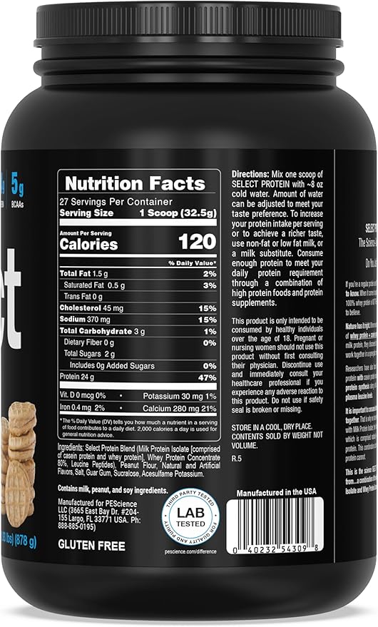 PEScience Select Low Carb Protein Powder, Peanut Butter Cookie, 27 Serving, Whey and Casein Blend, Keto Friendly, Gluten Free, Best Tasting, Clean Isolate for Women and Men