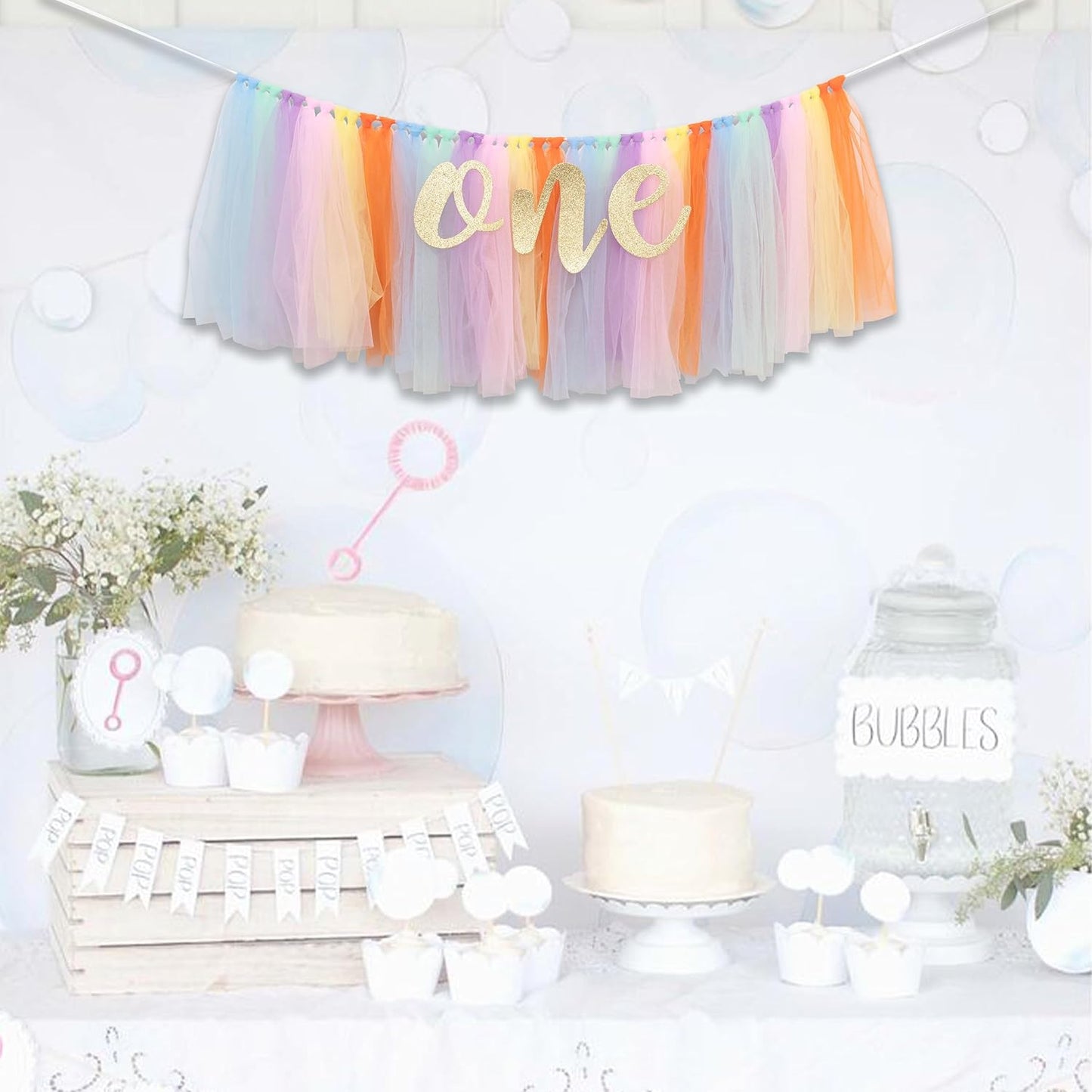 Rainbow High Chair Banner for 1st Birthday - Unicorn Theme Party Decoration with Tulle Tutu, Adjustable 'One' Pennant, 80in Ribbon - Baby Shower, Birthday, Thanksgiving