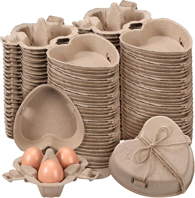 100 Pcs Easter Heart Shaped Eggs Cartons 3 Count Natural Paper Pulp Valentine Egg Cartons with Jute Rope Reusable Cardboard Storage Baskets Holder Tray for Kitchen Holiday Gifts Market Farm