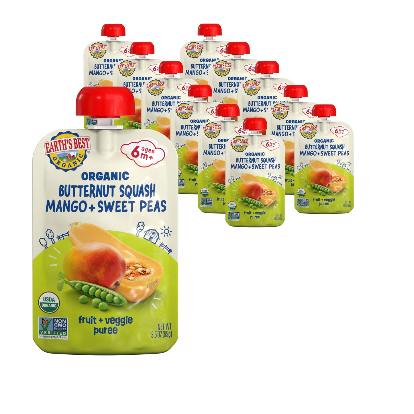 Earths Best Organic Butternut Squash, Mango and Sweet Peas Puree Pouch 3.5 oz (Pack of 12)