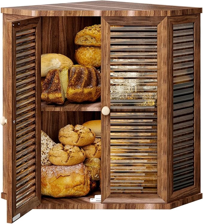 Corner Bread Box for Kitchen Countertop, Elegant Breadbox Organizer for Kitchen Countertop Cabinet 16.5in H,Large Double Layer Acacia Wooden Bread Storage Container with Glass Doors
