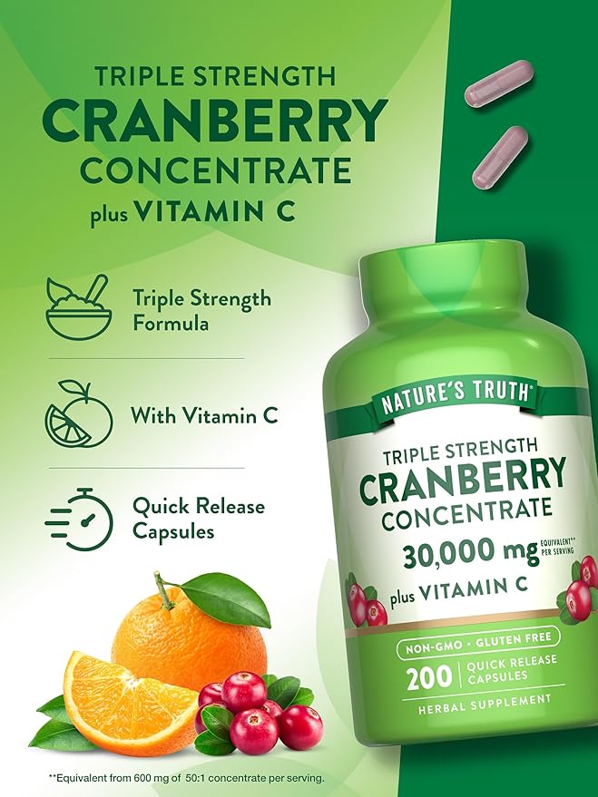 Nature's Truth Cranberry Concentrate Pills | Plus Vitamin C | 30,000mg | 200 Quick Release Capsules | Non-GMO & Gluten Free Supplement