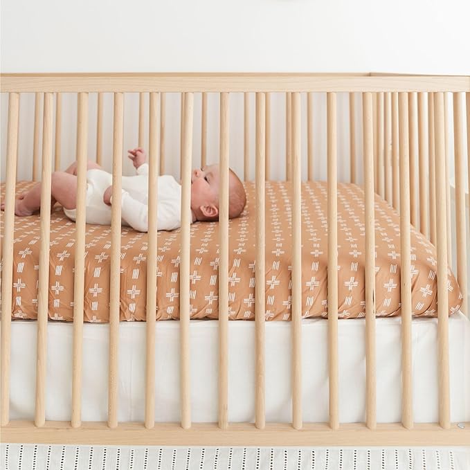 Crane Baby Crib Sheet, Copper Dash Neutral Crib Sheets & Toddler Sheets, 100% Cotton Sateen, 28" x 52", Breathable & Fitted