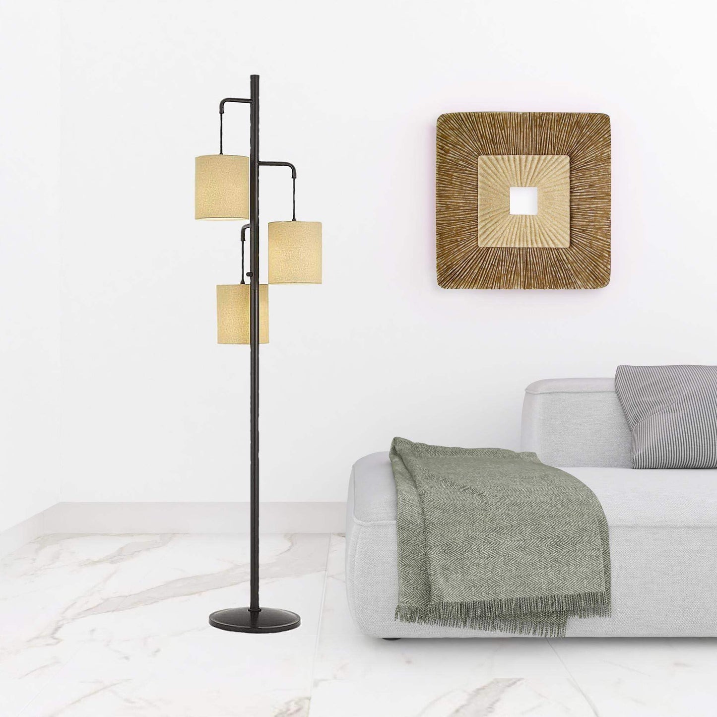 Homeroots Three Light Traditional Floor Lamp, 72 In., Metal, Beige Drum Shade, Bronze Finish