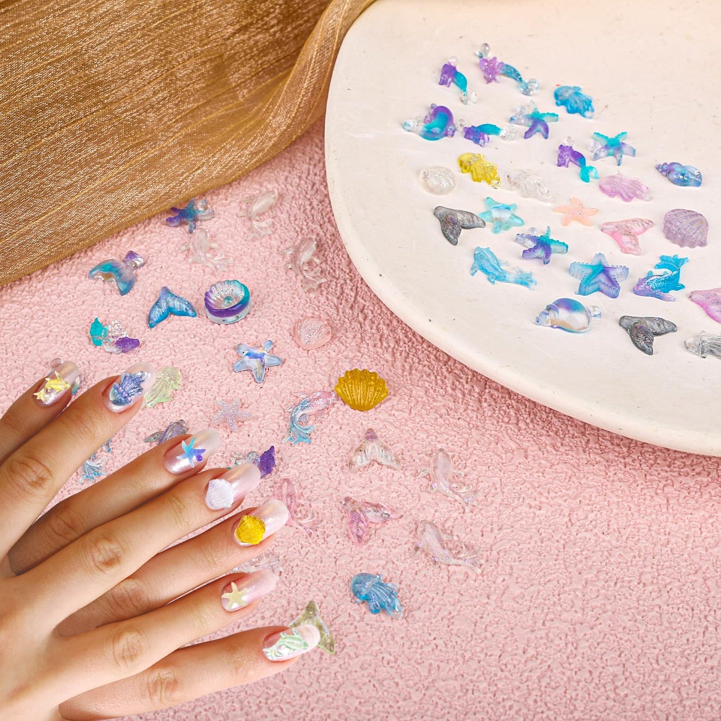 50pcs Summer Ocean Nail Charms, 3D Resin Sea Shell Starfish Beach Rhinestone Nail Charms Ocean Beachy Series Mermaid Theme Decor