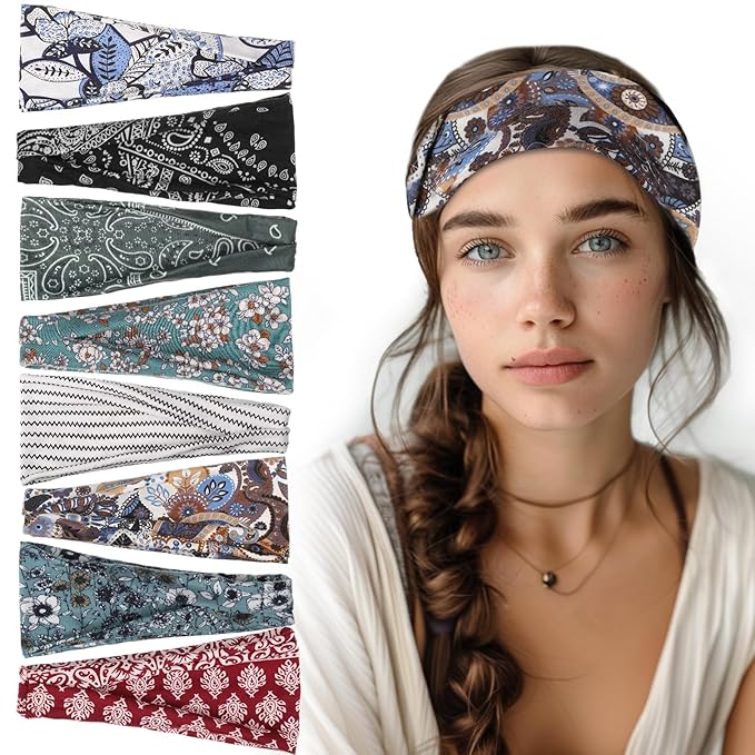 obeoby 8 Pack Headbands for Women, Boho Style Headbands Non Slip Fashion Wide Hairband Boho Outfits Accessories for Women ...