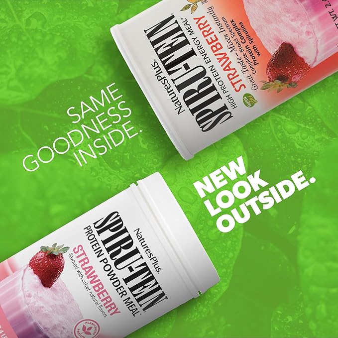 Natures Plus SPIRU-TEIN, Strawberry - 2.4 lb, Pack of 2 - Plant-Based Protein Shake - Non-GMO, Vegetarian, Gluten Free - 64 Total Servings