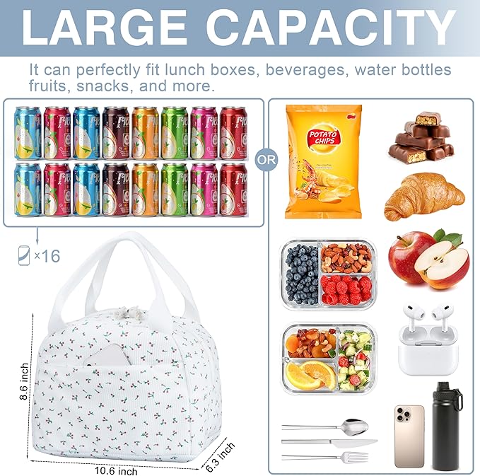 Lunch Bag - Insulated Lunch Box for Women, Reusable Large Capacity Cooler Bag for Adult, Small Leakproof Cute Corduroy Lunch Tote for Work Office Travel Picnic (Corduroy Cherry)