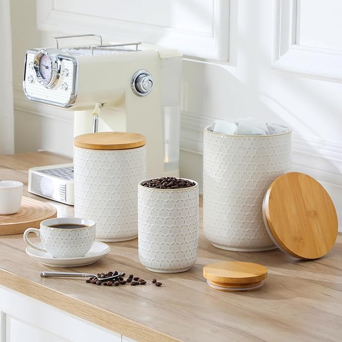 MALACASA Ceramic Canisters Set with Airtight Lids, 80/40/20 oz Coffee Canisters Sets for the Kitchen, Large Jars for Flour, Sugar, Pasta, Coffee, Cookies, Tea - Set of 3, Hexagon