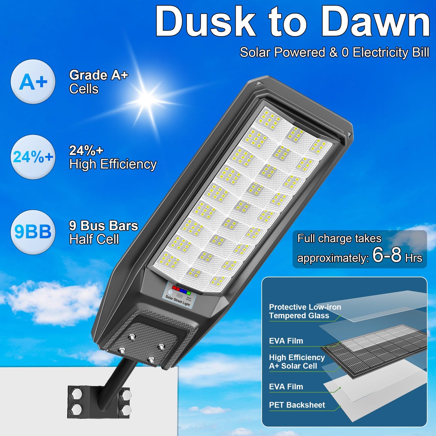 Jadisi Solar Street Light, 9000W Waterproof, Remote Control, Motion Sensor, 1 Pack, Black, Model CX-TW27A-1Pack