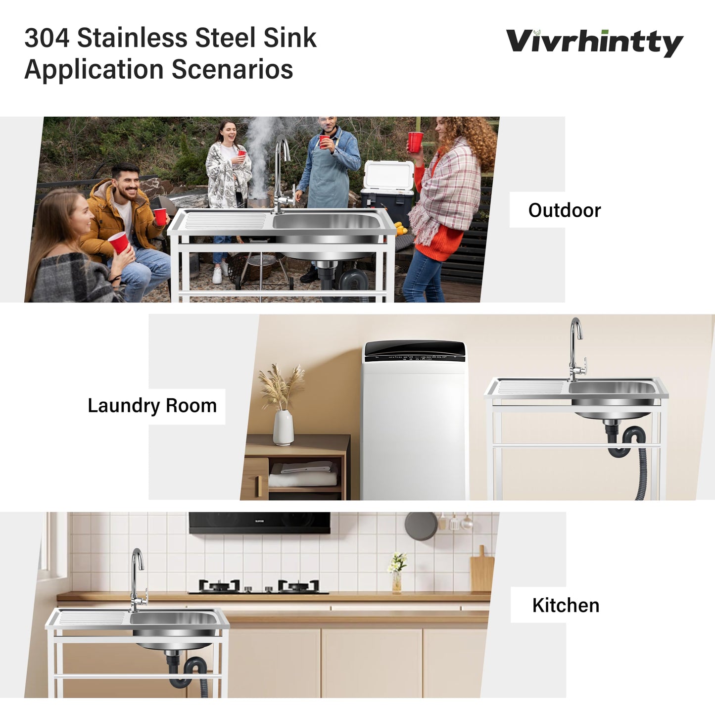 Vivrhintty Free Standing Kitchen Utility Sink with Workbench & Accessory Set, Stainless Steel Sink for Commercial, Outdoor,Garage, Laundry Room Use (29.52"D x 15.74"W x 29.52"H)