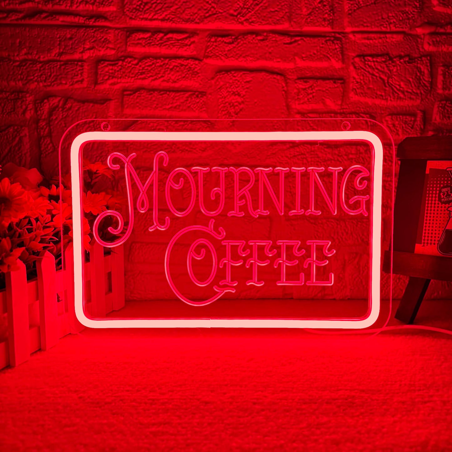 Symone Mourning Coffee Neon Sign, USB Powered Dimmable LED Light, 11.8x7.8 In, Red+White, Halloween Decor for Cafe & Home