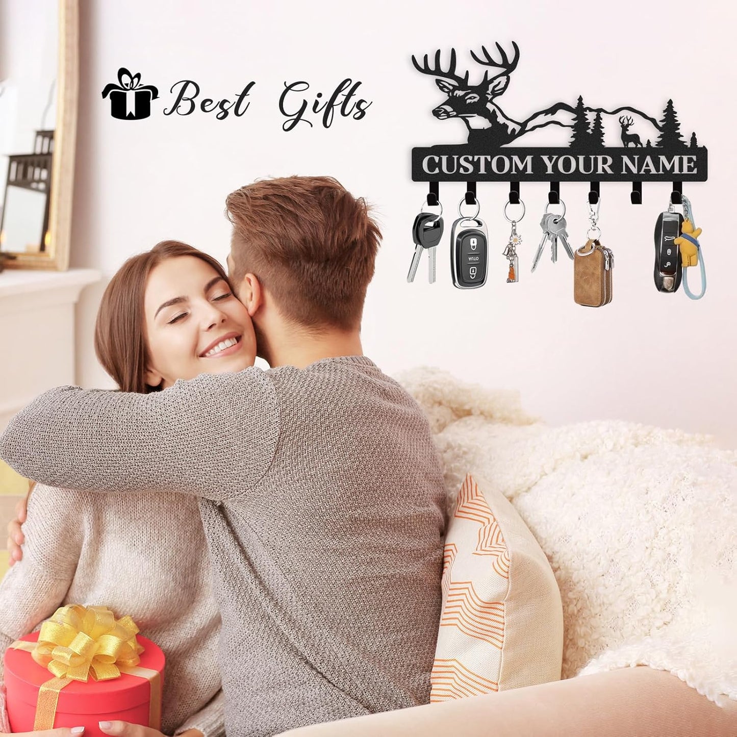 Personalized Key Holder for Wall, Custom Metal Deer Key Hooks with Name, Hunting Cabin Decor, Metal Key Organizer Wall Decoration for Hallway Entryway Kitchen Office Farmhouse, Deer Hunter Gift