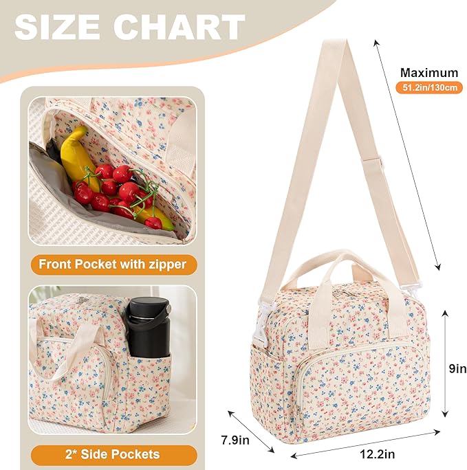 Large Lunch Bag for Women Insulated Lunch Box Reusable Cooler Bag Portable Cute Corduroy Leakproof Tote Bags for Travel, Work, and Picnic, Pink and Blue Flower