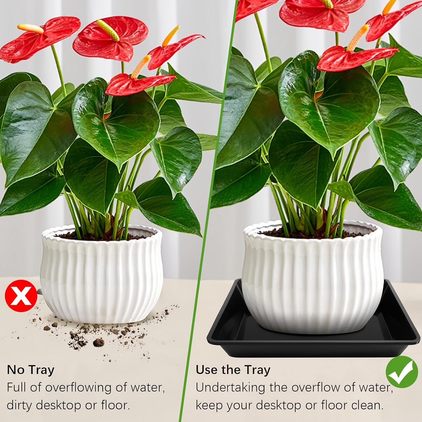 MHXWNHA 6 Pack 8 10 12 Inch Square Plant Saucer, Plant Drip Trays and Flower Pot Saucers, Plant Trays for Indoors No Holes, Plant Drainage Tray Saucers for Potted Plants (Black)