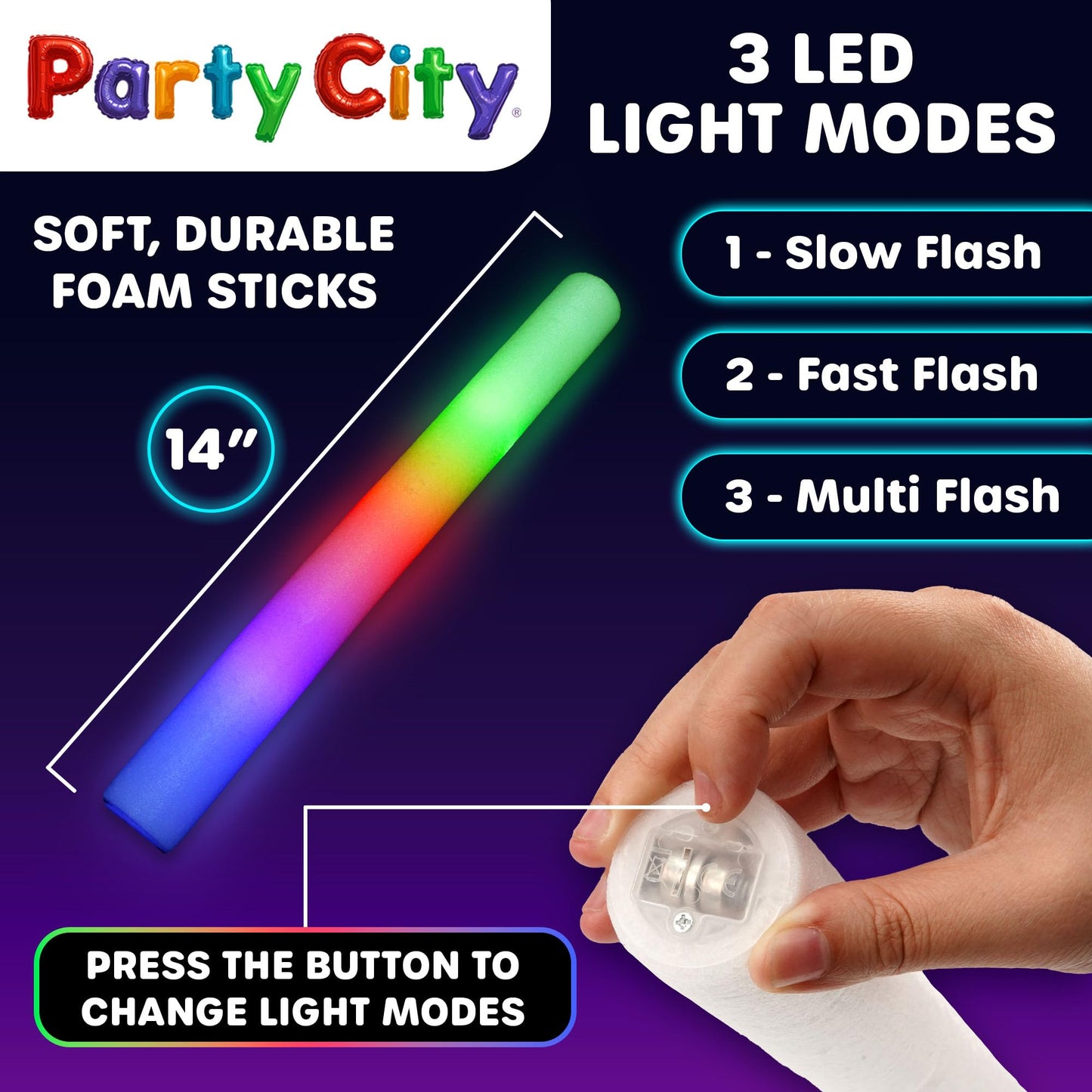 Party City 36Pk Led Foam Glow Sticks 14 - Glow In The Dark Party Supplies Favors  Colorful Flashing Wand With 3 Modes  Foam Light Up Sticks Bulk Party Pack For Wedding  Birthday  Concert  Halloween