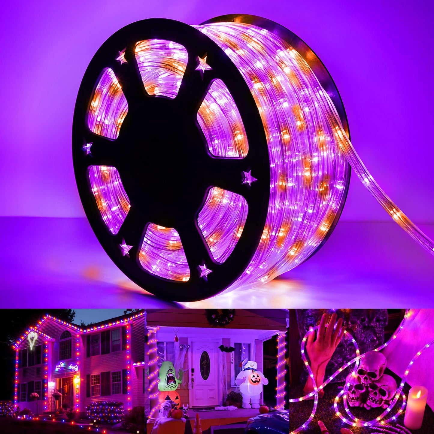 Jnaurb 50ft LED Rope Lights, Waterproof, 8 Modes, Flexible Tube Lighting, Orange & Purple