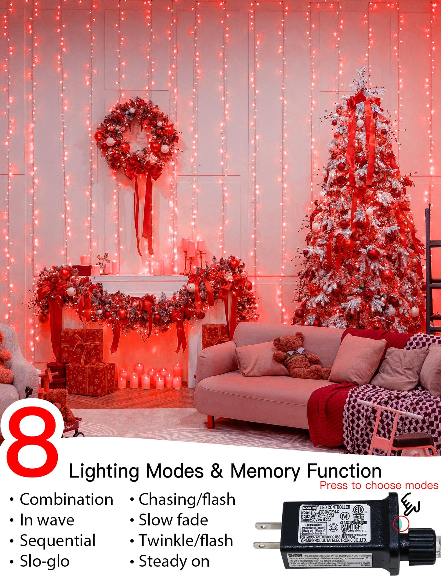Mygoto 33Ft 100 Leds String Lights Waterproof Fairy Lights 8 Modes With Memory 30V Ul Certified Power Supply For Home  Garden  Wedding  Party  Christmas Decoration Indoor Outdoor (Red)