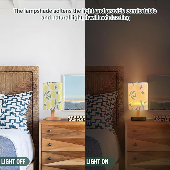 Table Lamp Watercolor Lemon and Leaf Pattern Pastel Color Fruit Print Nightstand Lamp with Wood Base Fabric Lamp Shade Bedside Desk Lamp for Living Room Bedroom Kids Room Office